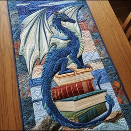 Blue Dragon Coiled Around Books Table Runner - Made to Order TABLE928