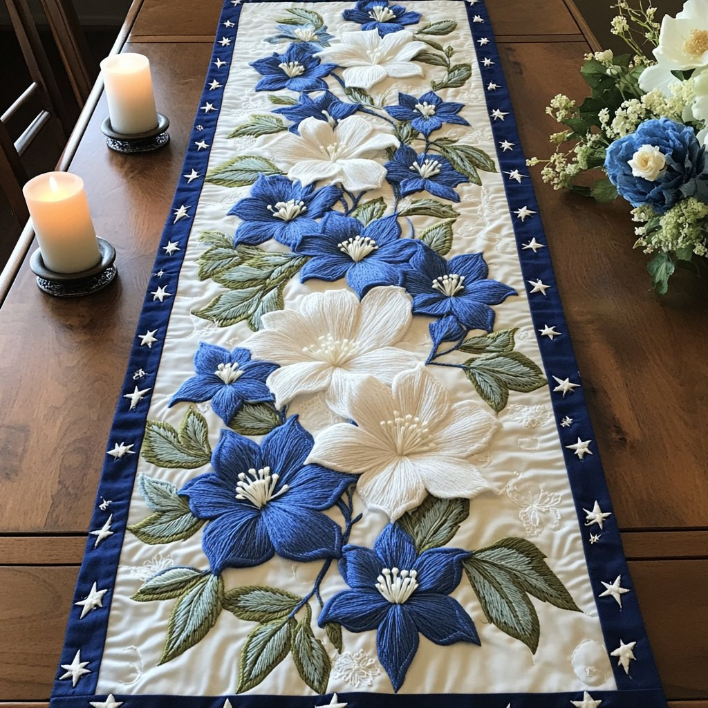 Blue and White Blooms with Stars Table Runner - Made to Order TABLE928