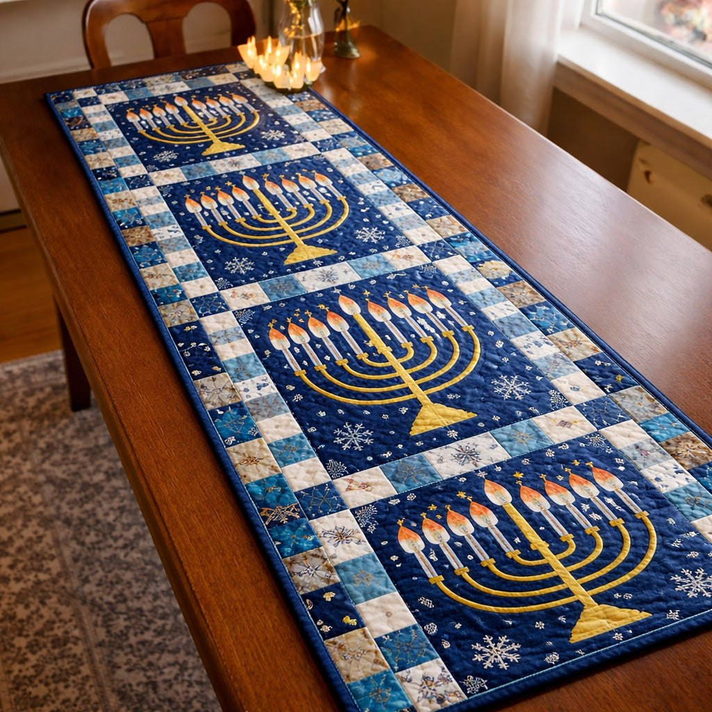 Blue and Gold Menorah Blocks Table Runner - Made to Order TABLE928
