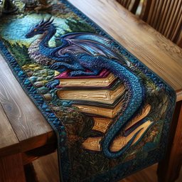 Blue Dragon Draped Over Books Table Runner - Made to Order TABLE928