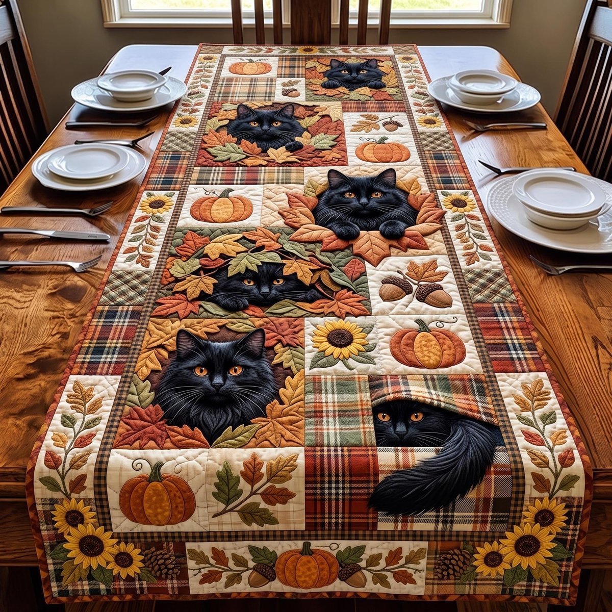 Black Cats on Plaid with Pumpkins Table Runner - Made to Order TABLE928