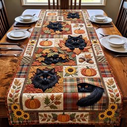 Black Cats on Plaid with Pumpkins Table Runner - Made to Order TABLE928