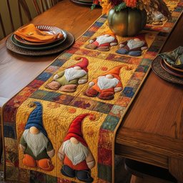 Blue and Red Gnomes on Gold Table Runner - Made to Order TABLE928