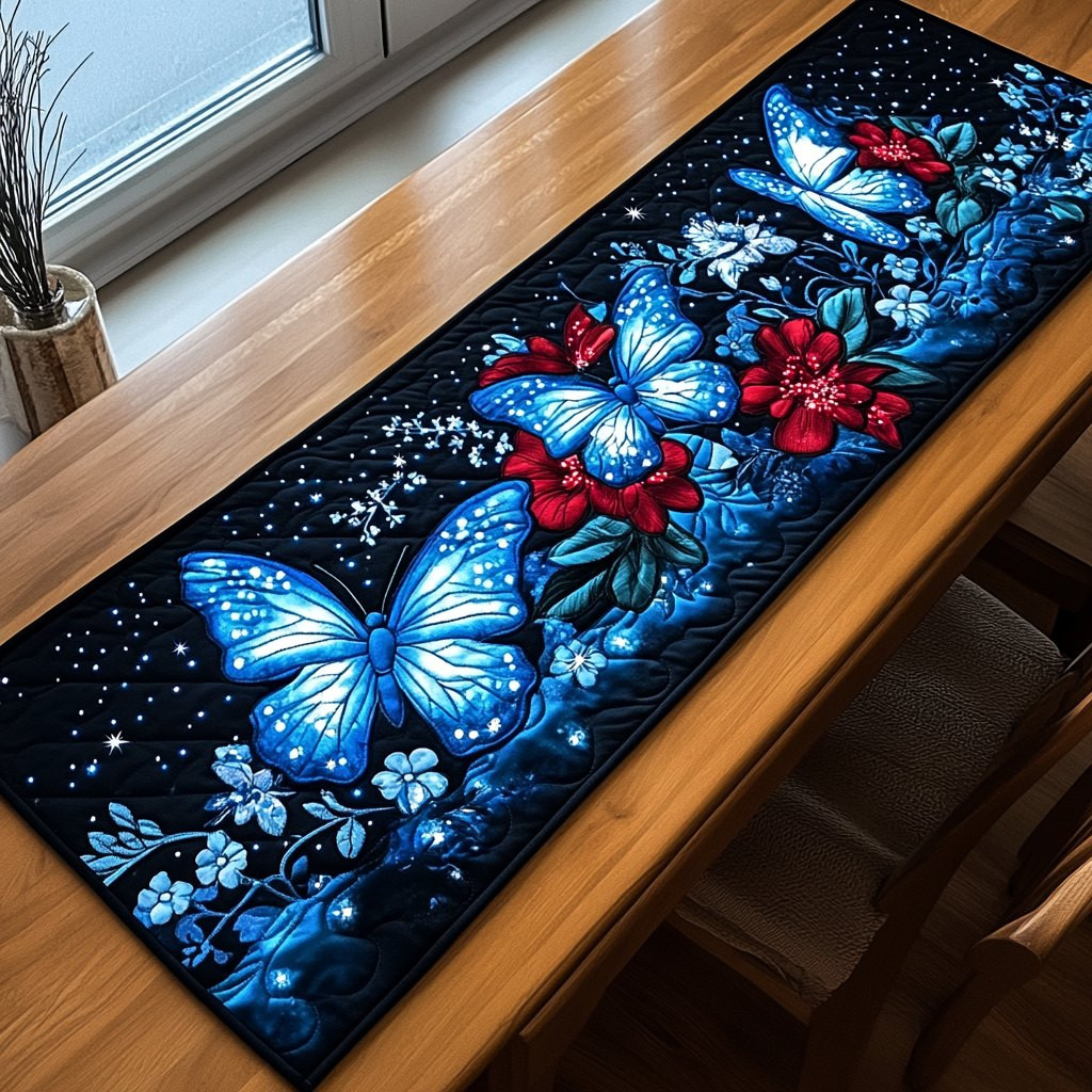 Blue Butterflies with Red Blooms on Navy Table Runner - Made to Order TABLE928
