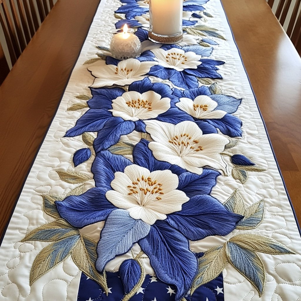 Blue and White Flowers on Cream Table Runner - Made to Order TABLE928