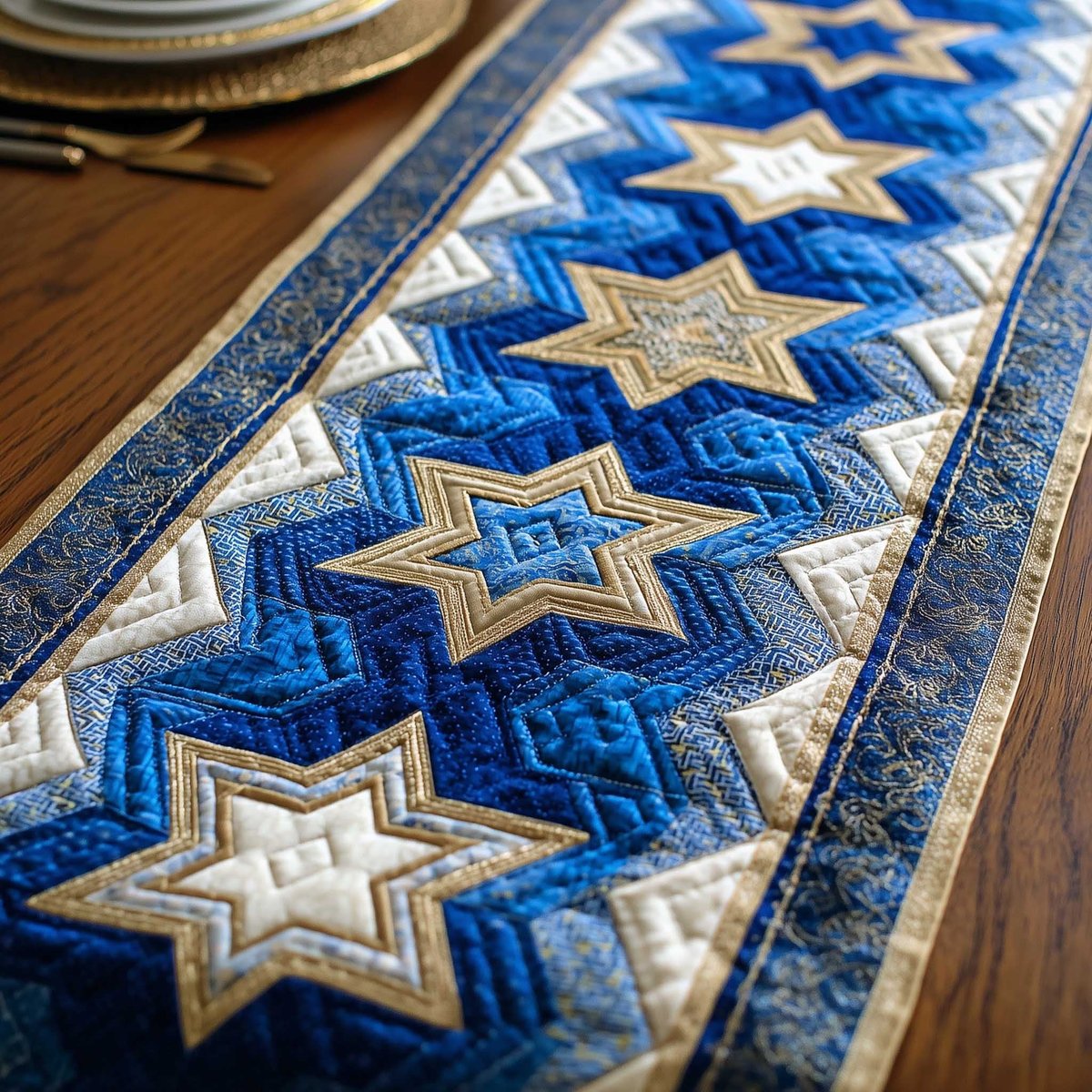 Blue and Cream Quilt Stars Table Runner - Made to Order TABLE928