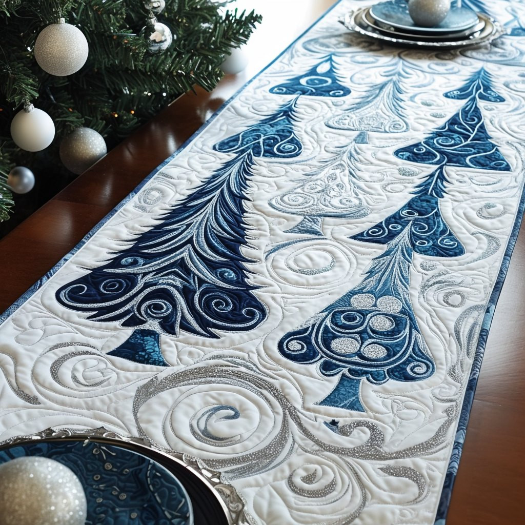 Blue Christmas Trees on White Table Runner - Made to Order TABLE928