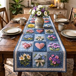 Blue Blocks with Flowers and Hearts Table Runner - Made to Order TABLE928