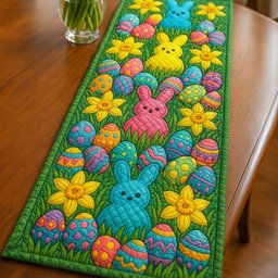 Blue Bunnies with Eggs and Daffodils Table Runner - Made to Order TABLE928