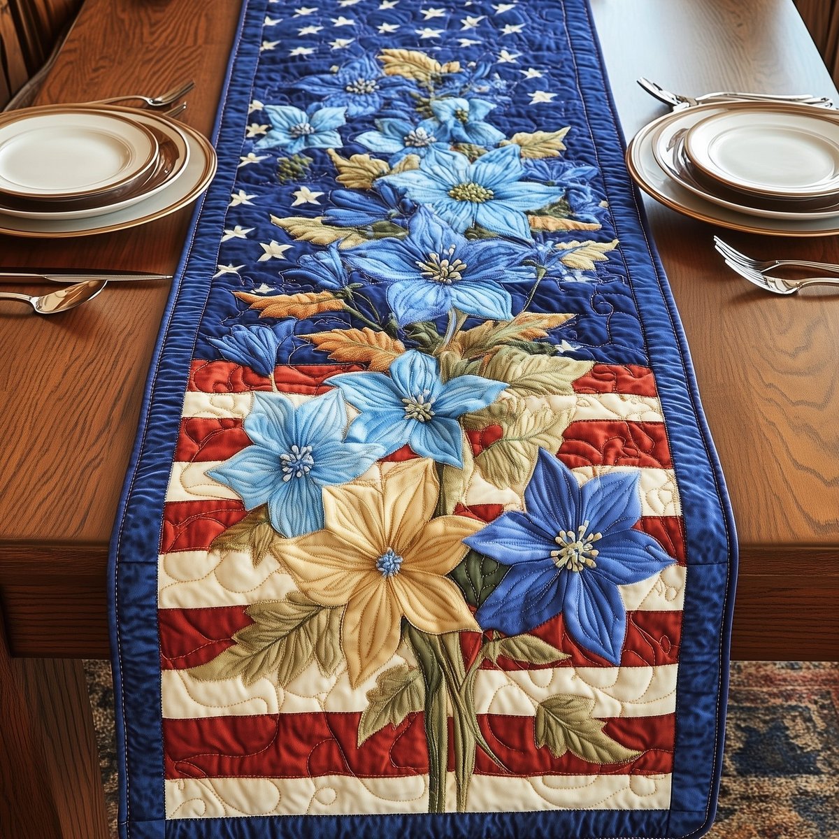 Blue and Gold Flowers on Striped Flag Table Runner - Made to Order TABLE928