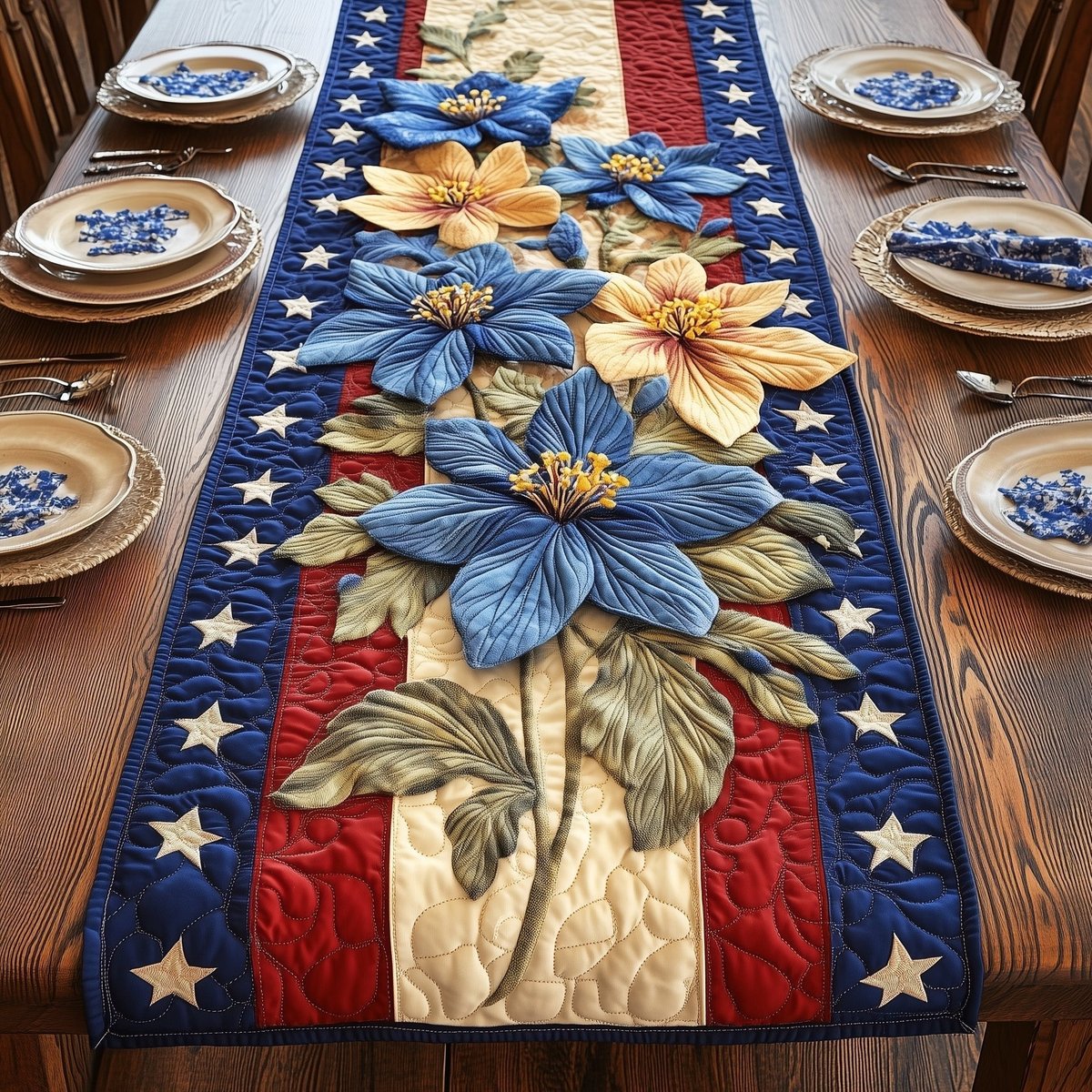 Blue Blossoms on Stars and Stripes Table Runner - Made to Order TABLE928