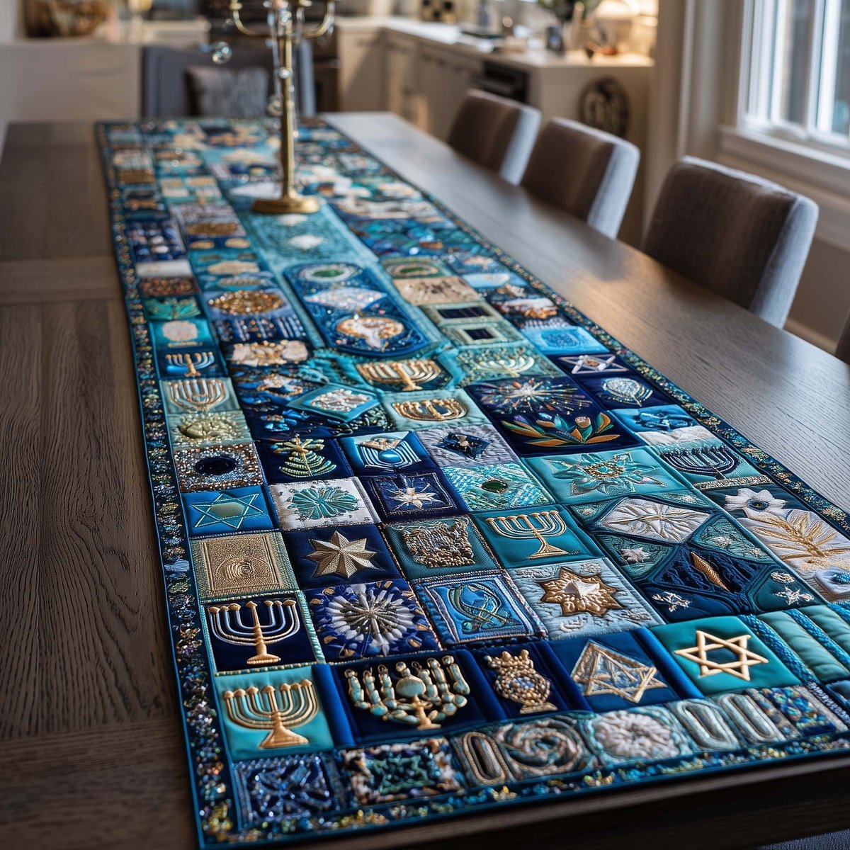 Blue and Silver Menorah Tiles Table Runner - Made to Order TABLE928