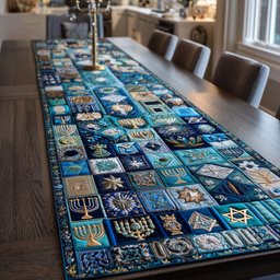 Blue and Silver Menorah Tiles Table Runner - Made to Order TABLE928