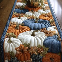 Blue and White Pumpkins with Leaves Table Runner - Made to Order TABLE928