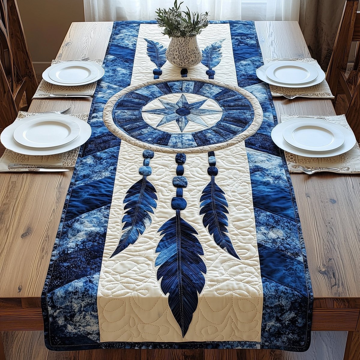 Blue Dreamcatcher with Beaded Cords Table Runner - Made to Order TABLE928