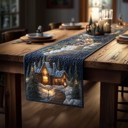 Blue Cottage in Snow at Night Table Runner - Made to Order TABLE928