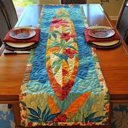 Blue and Teal Leaf Applique Panel Table Runner - Made to Order TABLE928