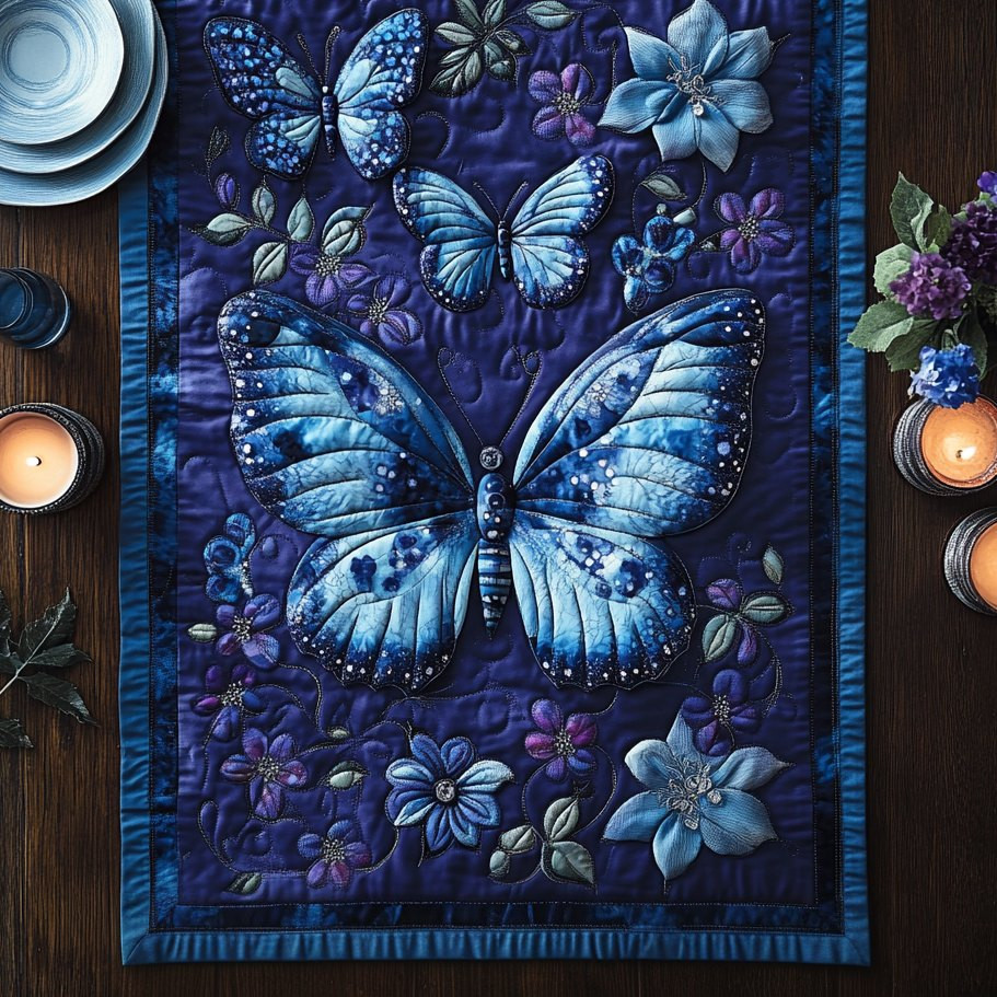 Blue Butterfly on Navy Panel Table Runner - Made to Order TABLE928