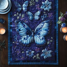 Blue Butterfly on Navy Panel Table Runner - Made to Order TABLE928
