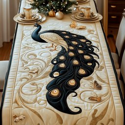 Black Peacock with Flowing Tail Table Runner - Made to Order TABLE928