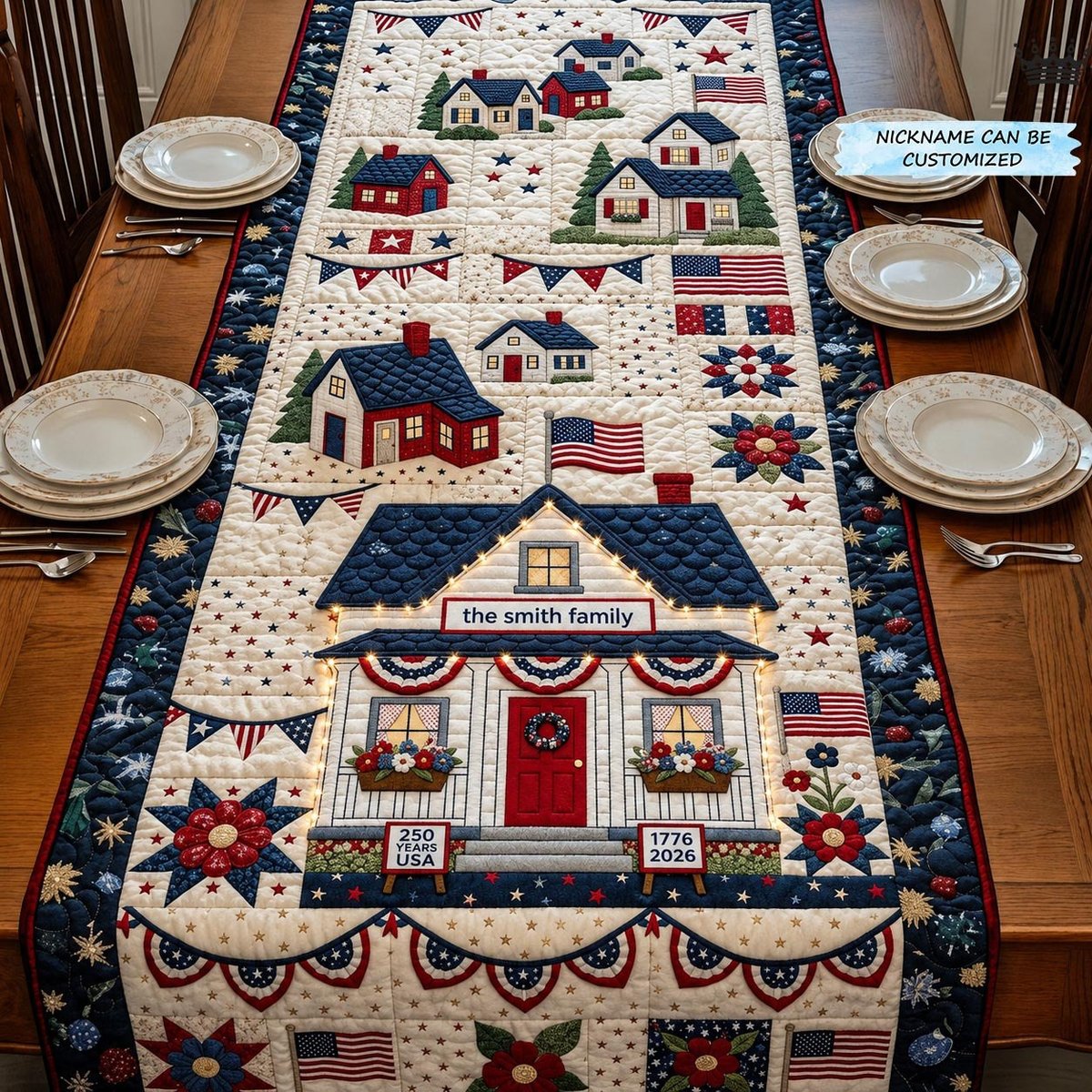 Blue Cottage with Flags and Name Table Runner - Made to Order TABLE928