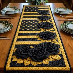 Black Roses on Gold Flag Stripes Table Runner - Made to Order TABLE928