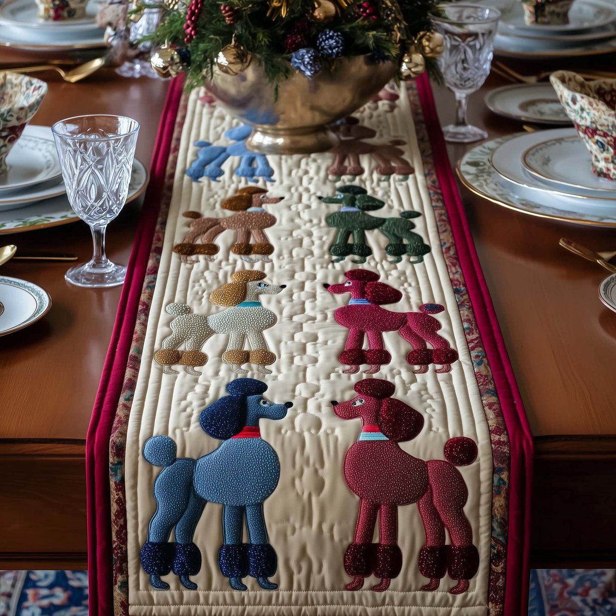 Blue and Red Poodles on Cream Table Runner - Made to Order TABLE928