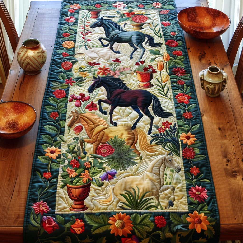 Black Horse with Flower Pots Table Runner - Made to Order TABLE928