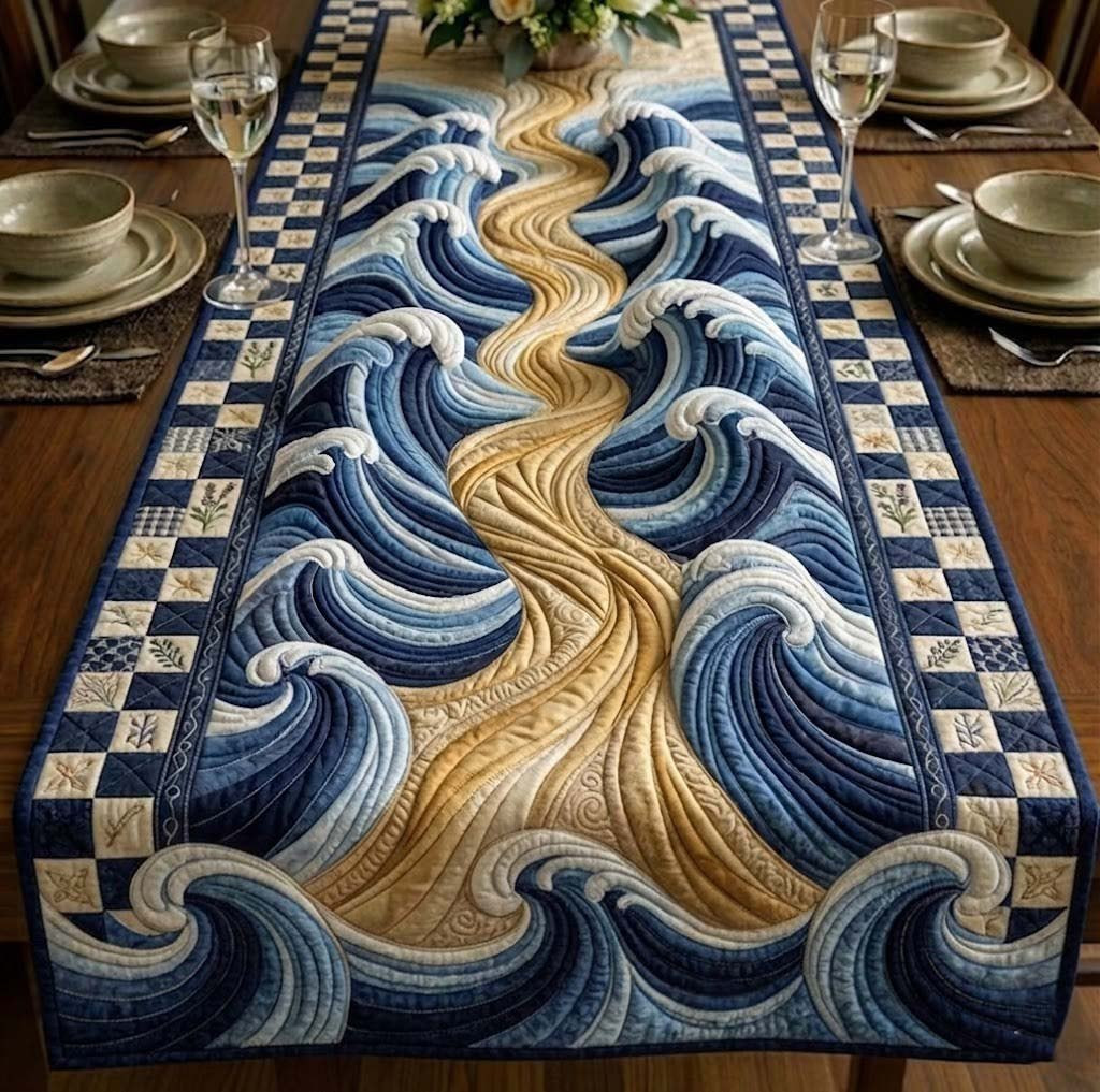 Blue and Cream Swirling Waves Table Runner - Made to Order TABLE928