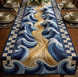 Blue and Cream Swirling Waves Table Runner - Made to Order TABLE928