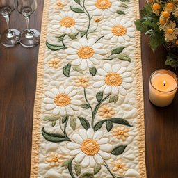 Bloom Grace White Daisies on Cream Quilting Table Runner - Made to Order TABLE928