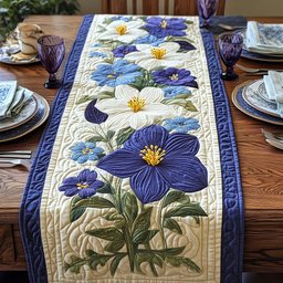 Blue Blossoms with Cream Border Table Runner - Made to Order TABLE928