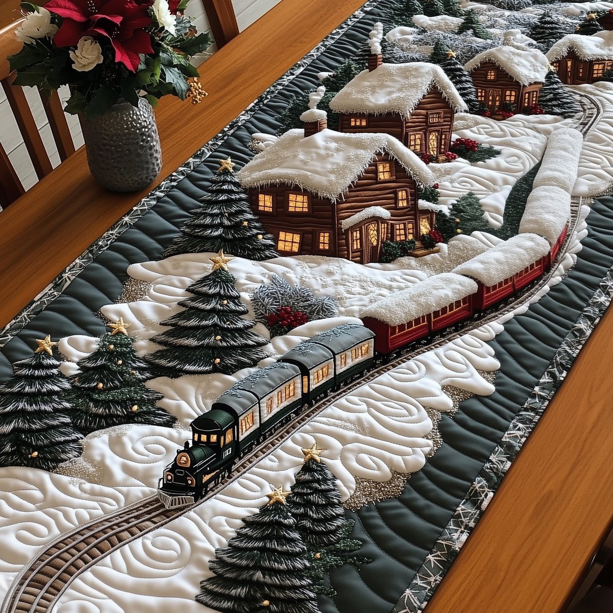 Black Train Past the Mountain Chalet Table Runner - Made to Order TABLE928