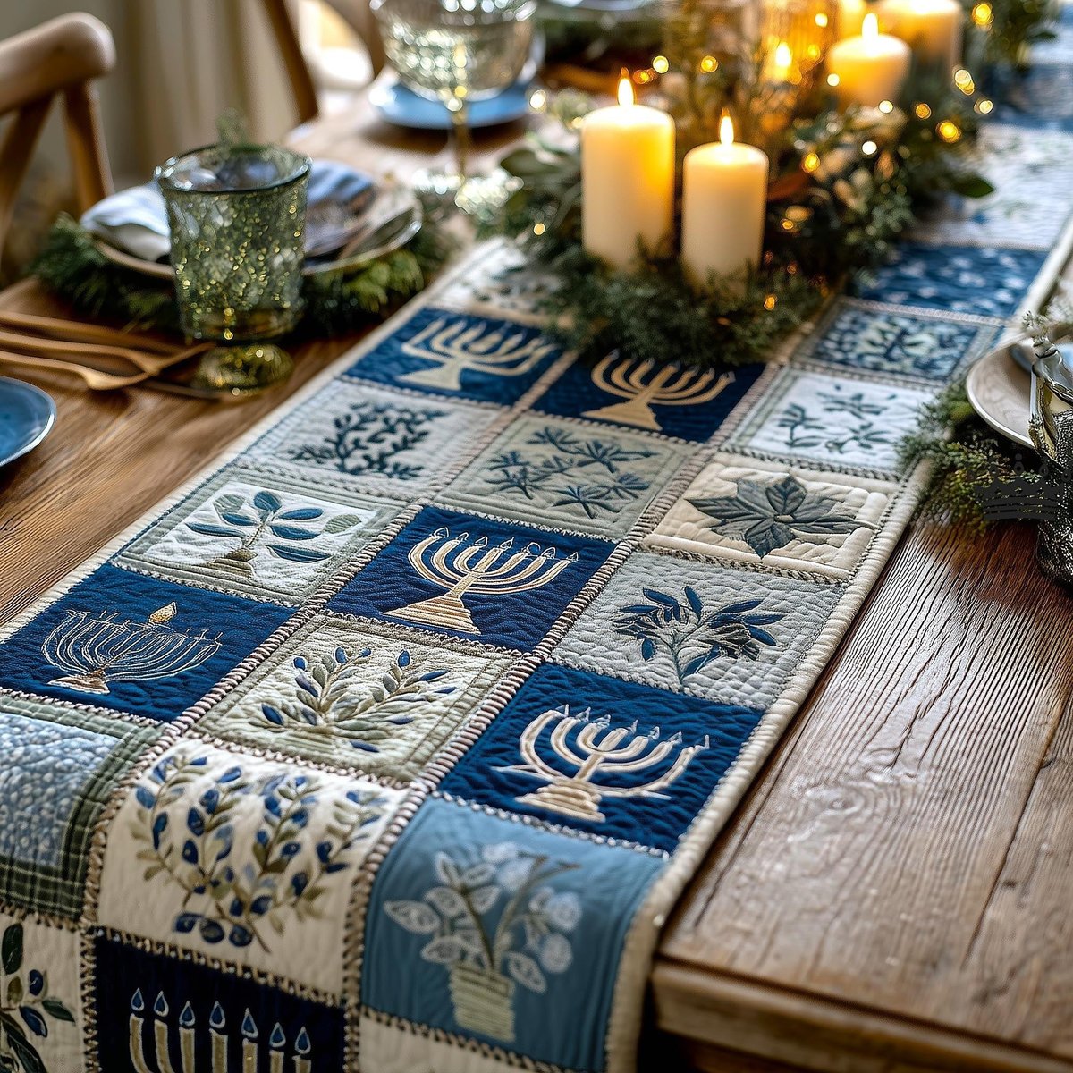Blue and White Menorah Patchwork Squares Table Runner - Made to Order TABLE928