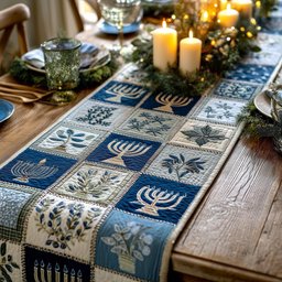 Blue and White Menorah Patchwork Squares Table Runner - Made to Order TABLE928
