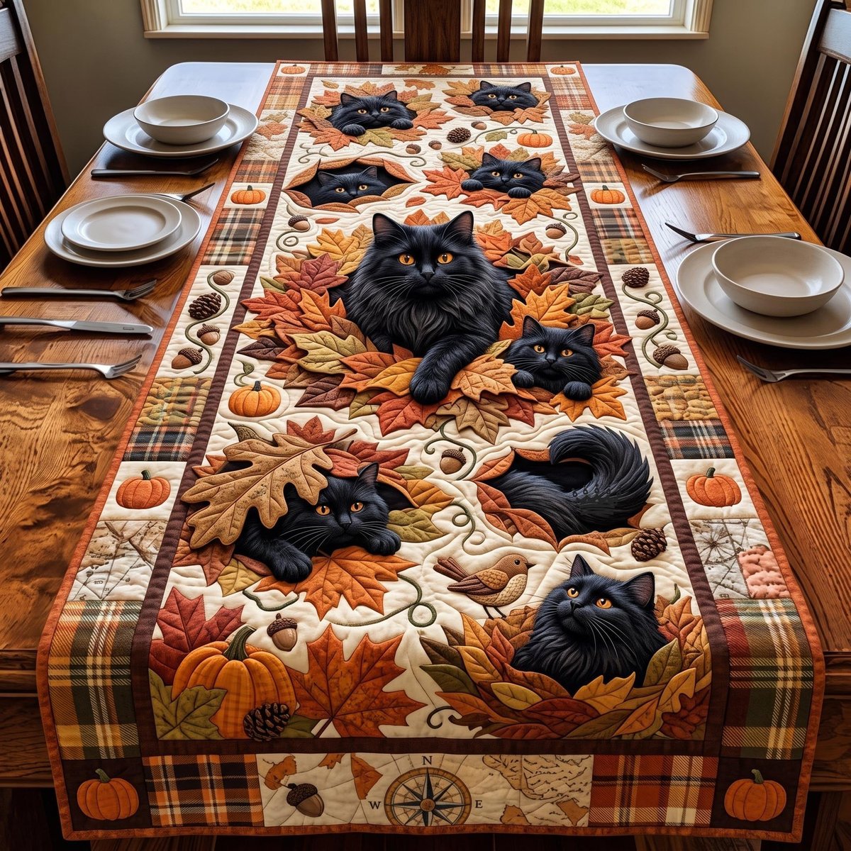 Black Cats on Brown Autumn Leaves Table Runner - Made to Order TABLE928