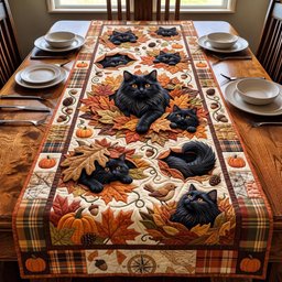 Black Cats on Brown Autumn Leaves Table Runner - Made to Order TABLE928