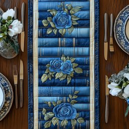 Blue Book Spines and Rose Blooms Table Runner - Made to Order TABLE928