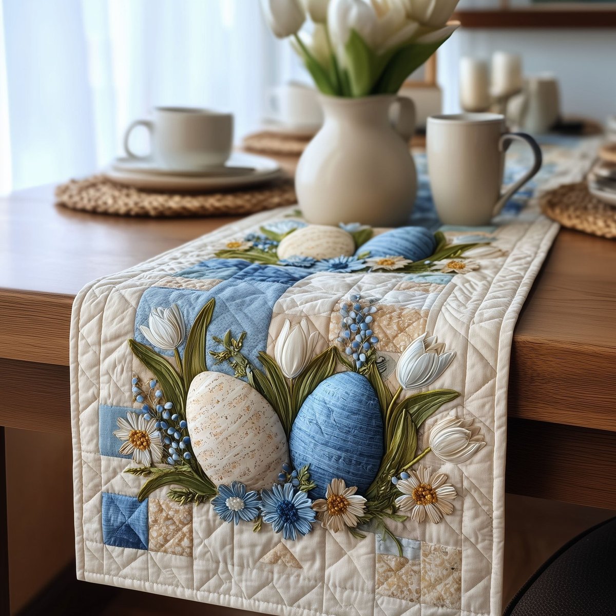 Blue Eggs with Flowers on Cream Table Runner - Made to Order TABLE928