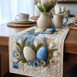 Blue Eggs with Flowers on Cream Table Runner - Made to Order TABLE928
