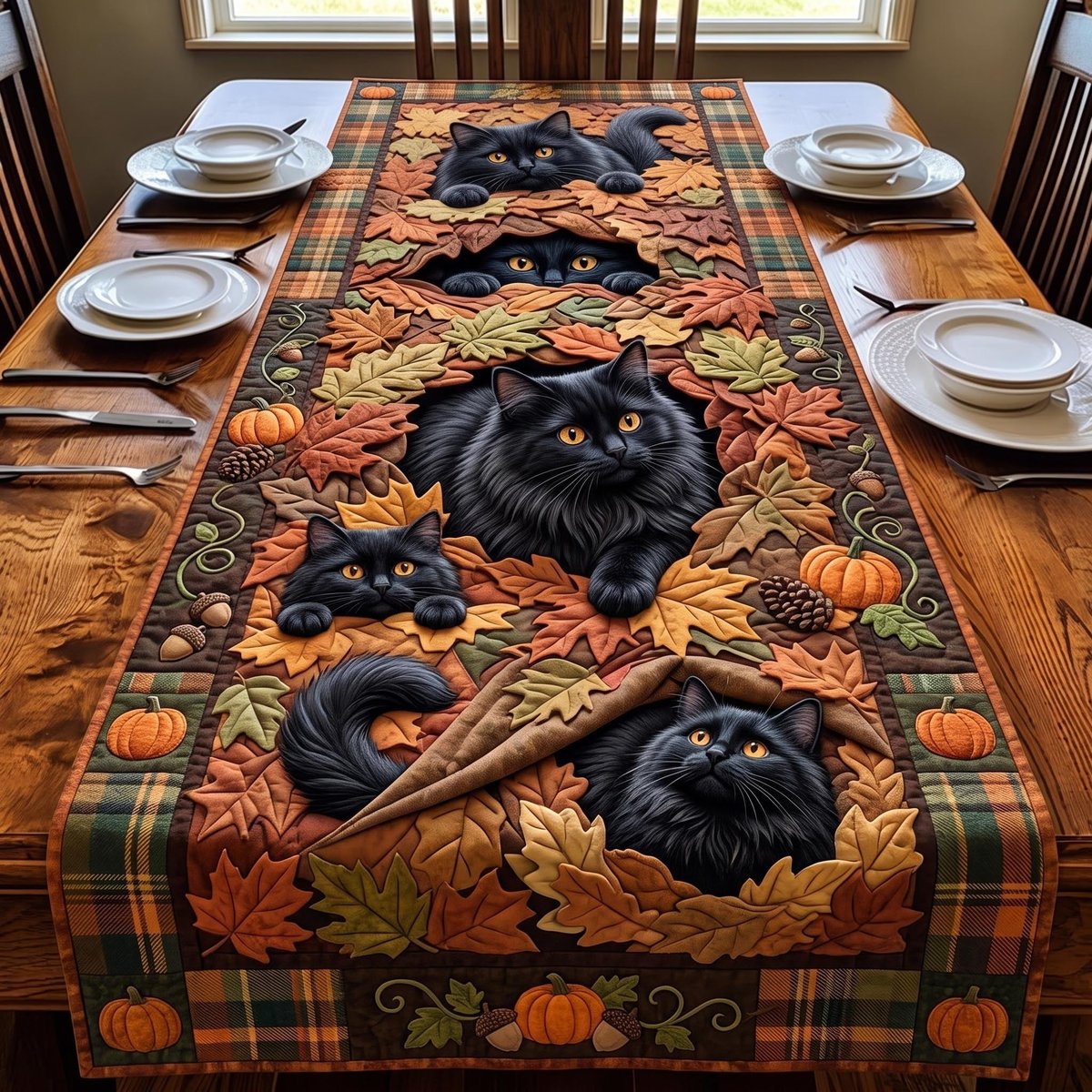 Black Cats with Pumpkins and Leaves Table Runner - Made to Order TABLE928