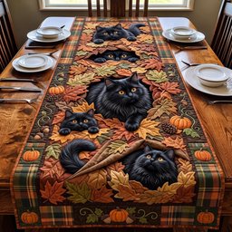 Black Cats with Pumpkins and Leaves Table Runner - Made to Order TABLE928
