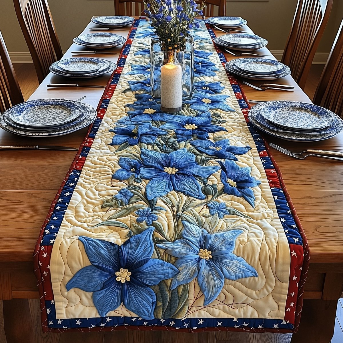 Blue Blossom Column on Cream Table Runner - Made to Order TABLE928