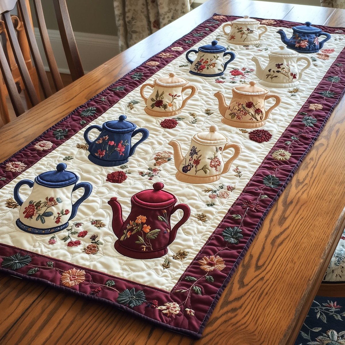 Blue and Red Teapots on Cream Table Runner - Made to Order TABLE928