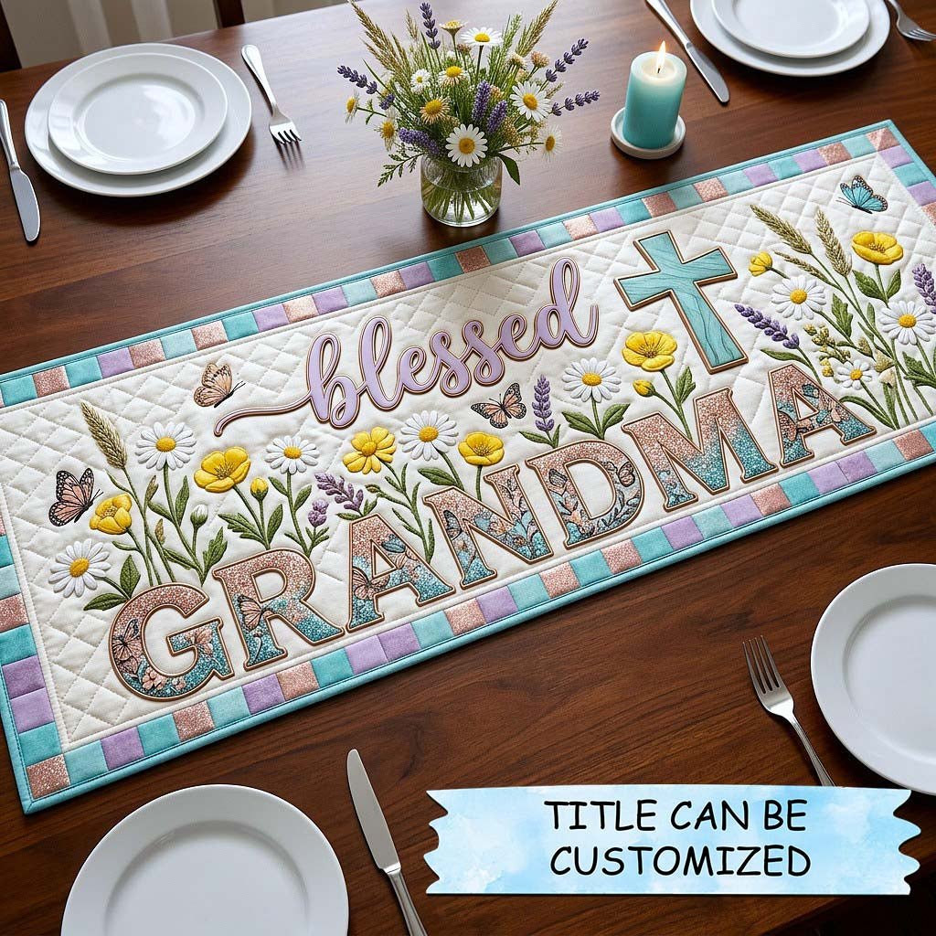 Blessed Grandma with Cross and Flowers Table Runner - Made to Order TABLE928