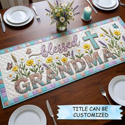 Blessed Grandma with Cross and Flowers Table Runner - Made to Order TABLE928