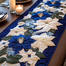Blue and White Poinsettias Table Runner - Made to Order TABLE928