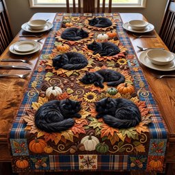 Black Cats with Sunflowers and Pumpkins Table Runner - Made to Order TABLE928