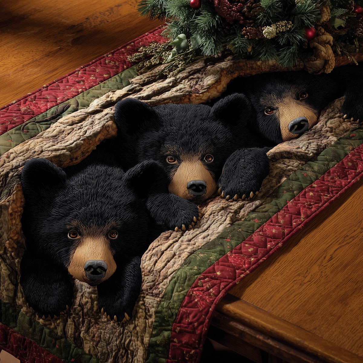 Black Bear Cubs Peeking Out Table Runner - Made to Order TABLE928