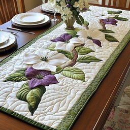 Big Purple Petals with Green Leaves Table Runner - Made to Order TABLE928